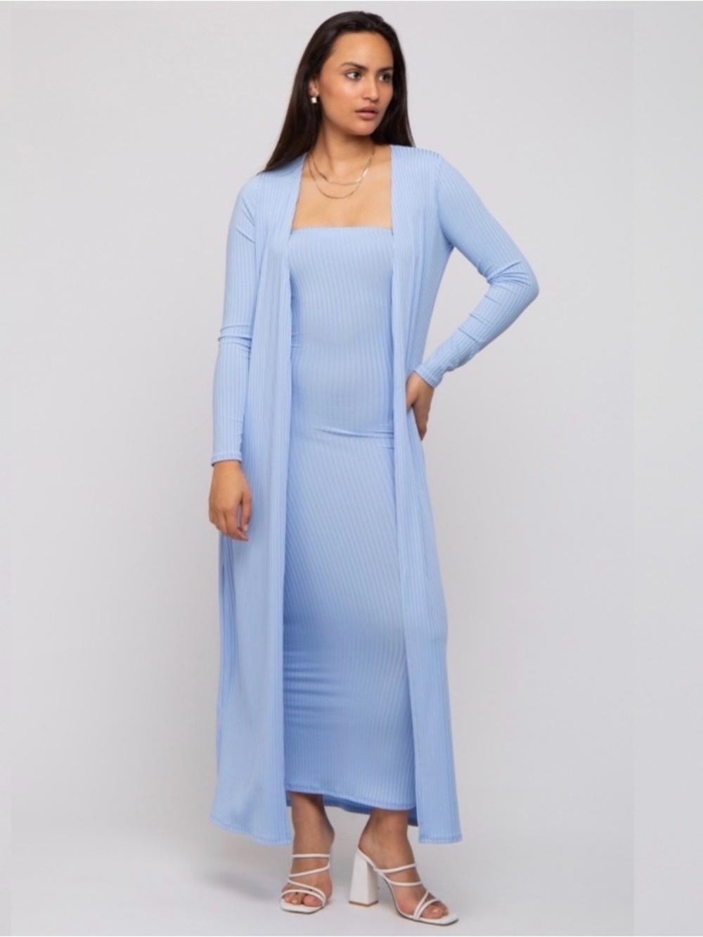 Light Blue Ribbed Maxi Dress with Long Duster EUC